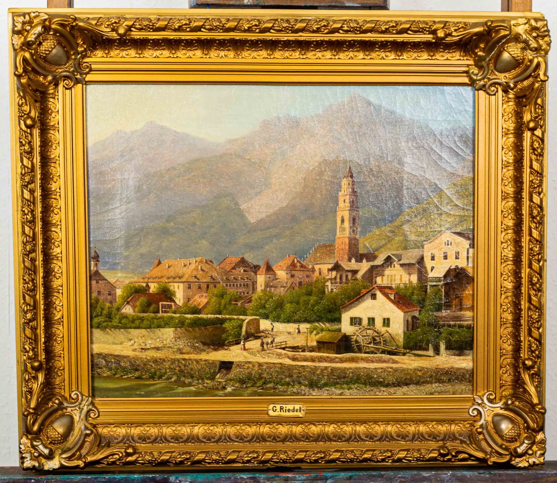 "Sommerliches Flussufer mit Stadtansicht", Gemälde Öl auf Leinwand. Detailreich
