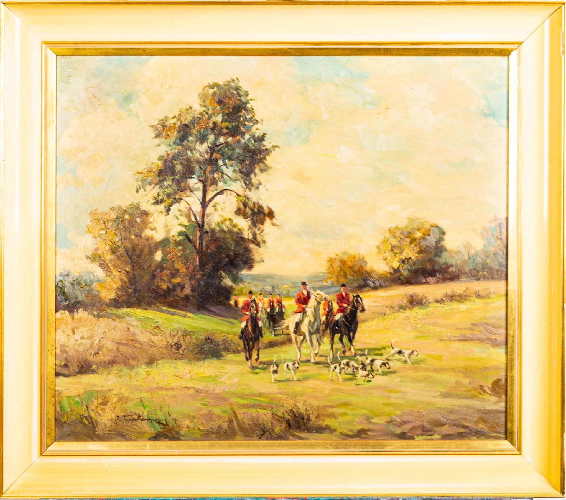 "Parforcejagd", Gemälde Öl auf Leinwand, ca. 60 x 70 cm, unten links sign.: "Ti
