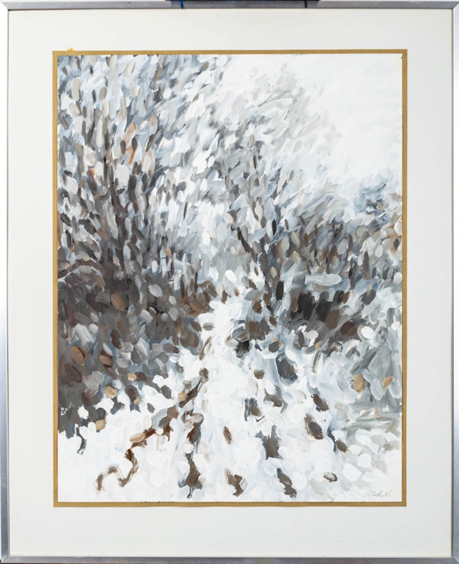 "Verschneiter Waldweg", Mischtechnik auf Papier; ca. 65 x 50 cm, unten rechts s