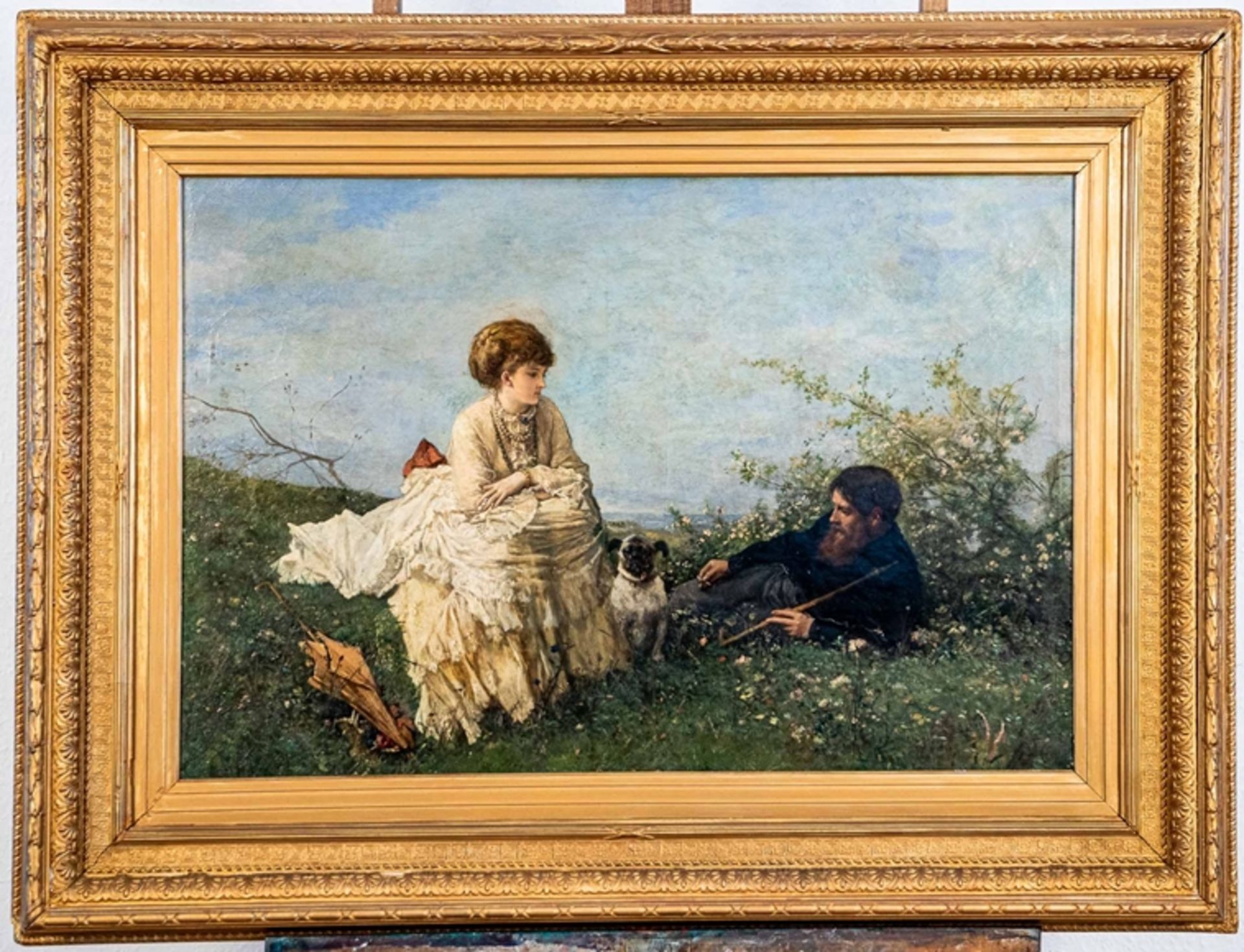 "Sommerliche Rast mit Mops", Gemälde Öl auf Leinwand, ca. 64 x 91 cm; unten rec
