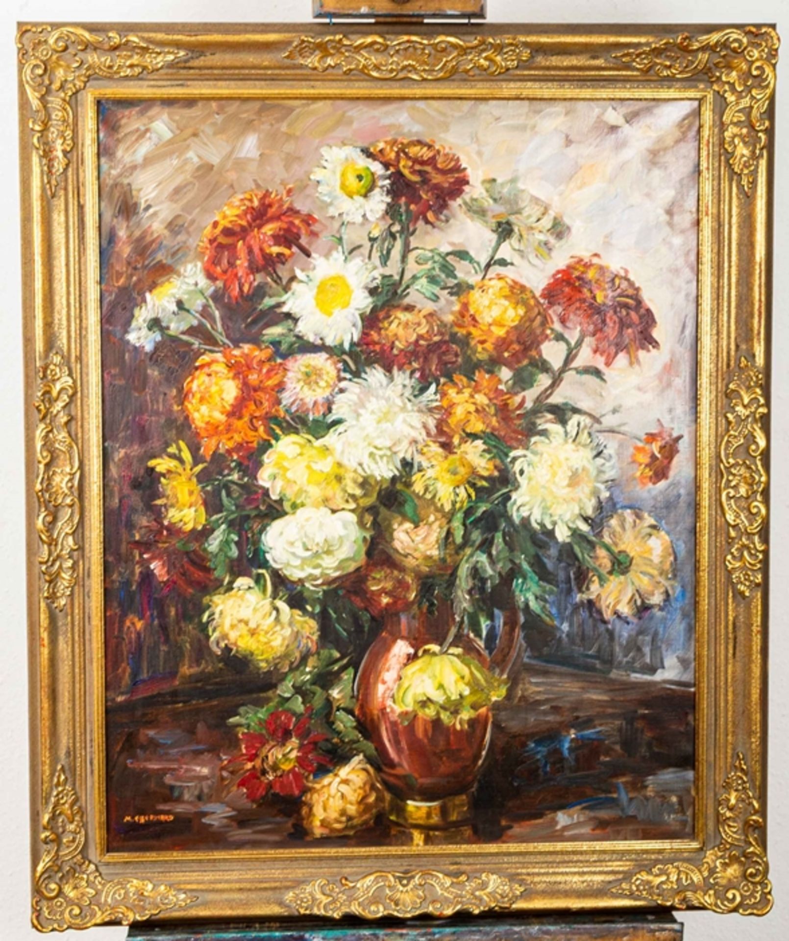 Großes Blumenstilleben, Gemälde Öl auf Leinwand, unten links signiert: M. Eberh