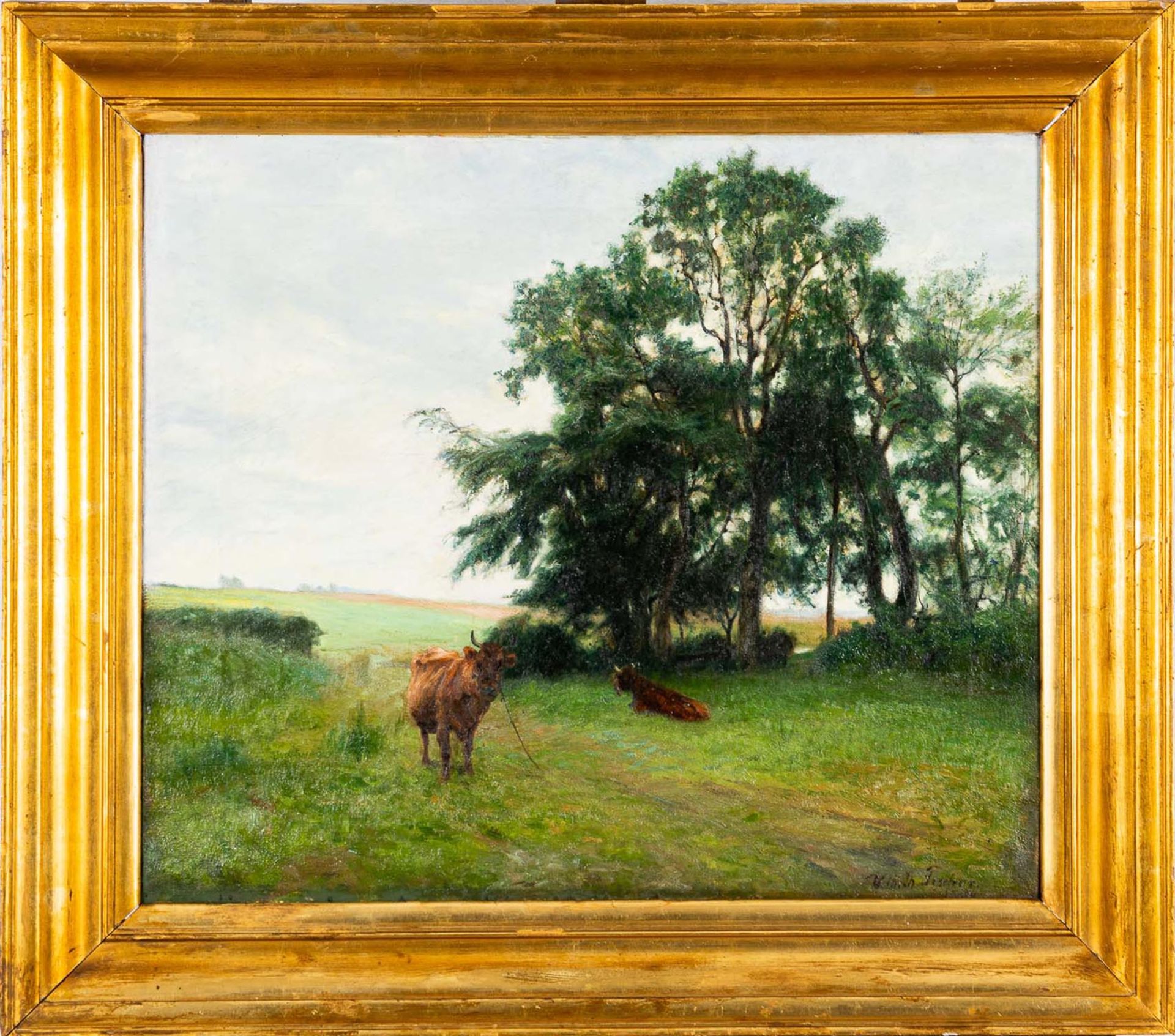 "Sommerliche Landschaft mit Kühen", Gemälde Öl auf Leinwand, ca. 55 x 63 cm, un