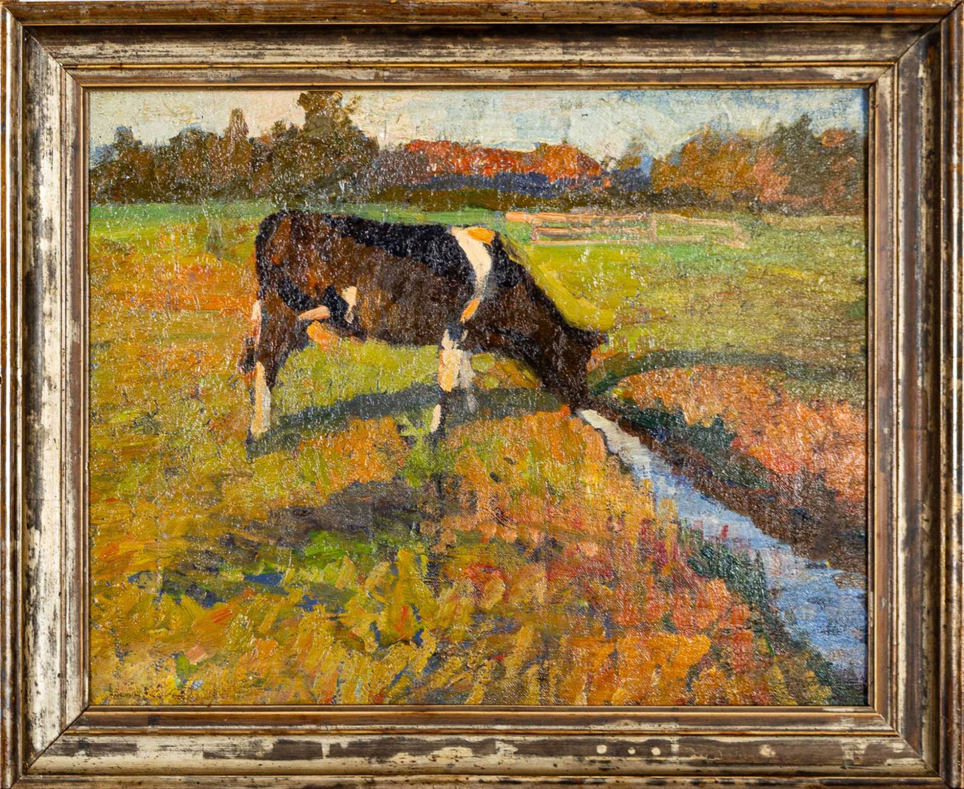 "Ihren Durst stillende Kuh" - Gemälde der 1920er/30er Jahre. Ca. 33 x 40 cm, Öl