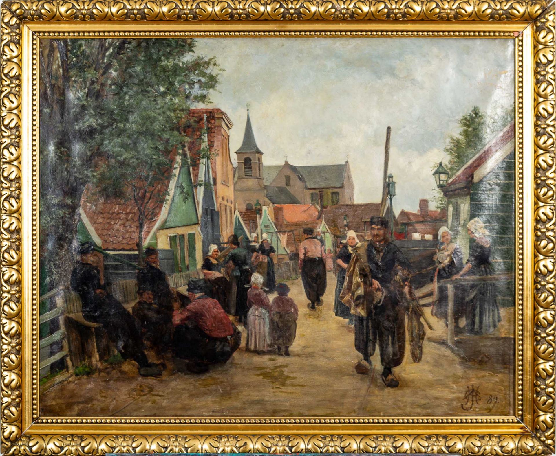 "Holländisches Städtchen mit Fußvolk" - Gemälde, Ö auf Leinwand, unten rechts m