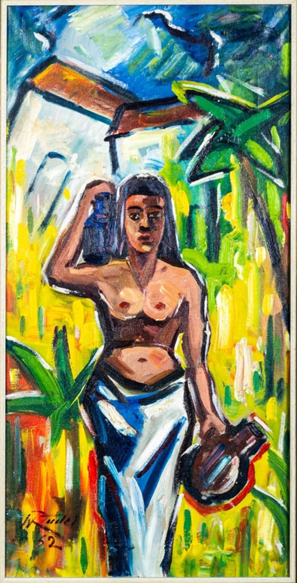 "Wasserträgerin", leicht abstrakt gemaltes Ölbild einer leicht bekleideten Süds - Bild 2 aus 4