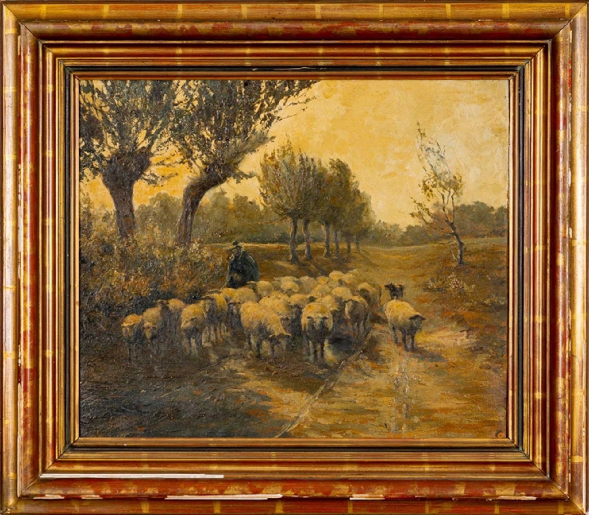 Schäfer-Szene", Gemälde, Öl auf Holztafel, ca. 52 x 60 cm, unsigniertes Gemälde aus der 1. Hälfte d