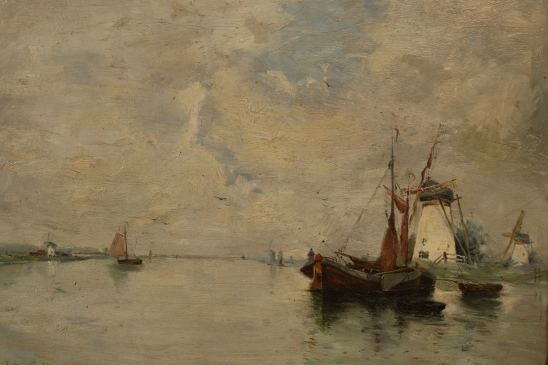 "Fischerboote am Fluß" - Gemälde, Öl auf Mahagoni-Holztafel, ca. 30 x 41 cm, unten links signiert " - Image 2 of 8