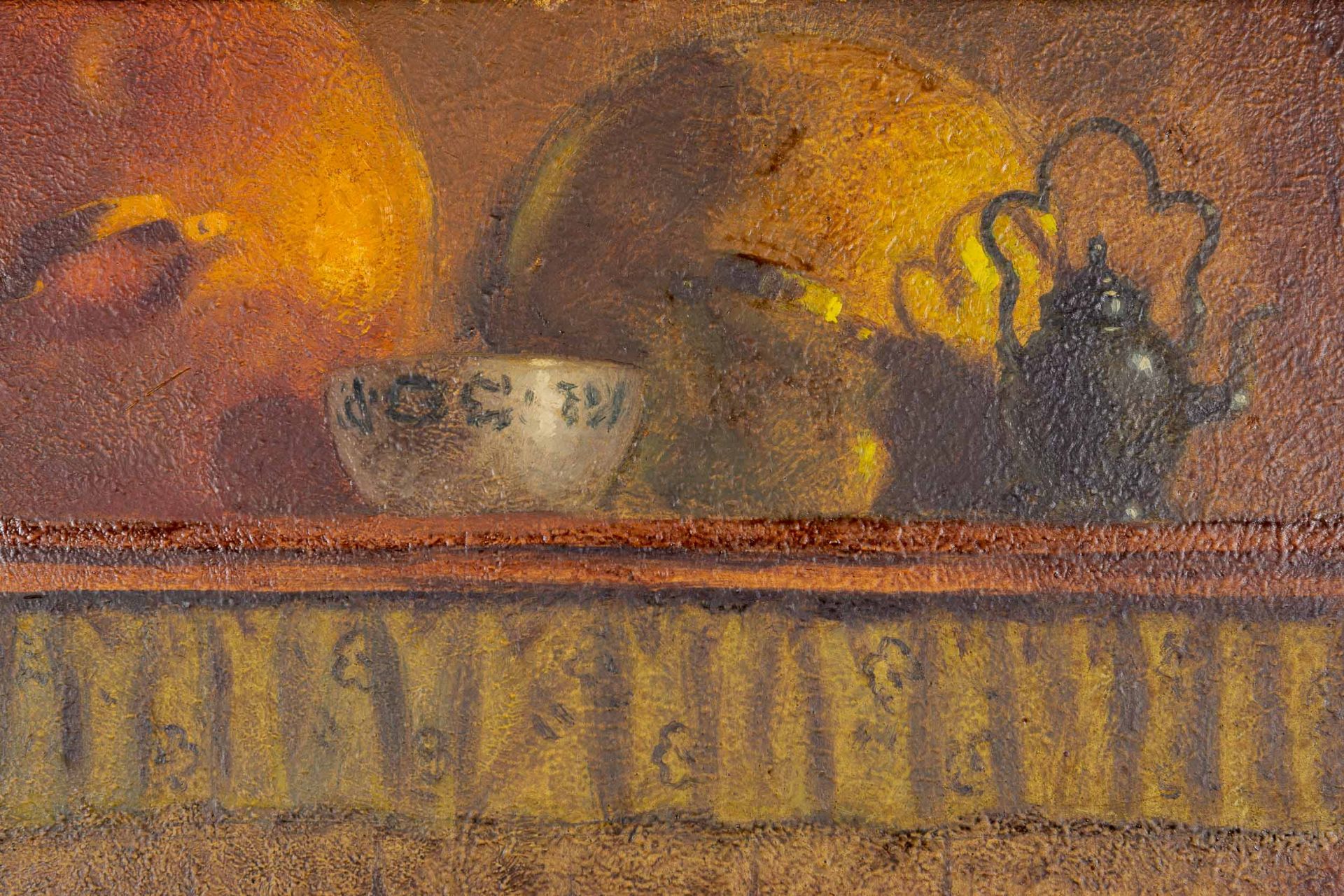 "Magd beim Nähen in friesischer Stube", Gemälde aus der Mitte des 20. Jhdts., Öl auf Hartfaser, ca. - Image 7 of 11