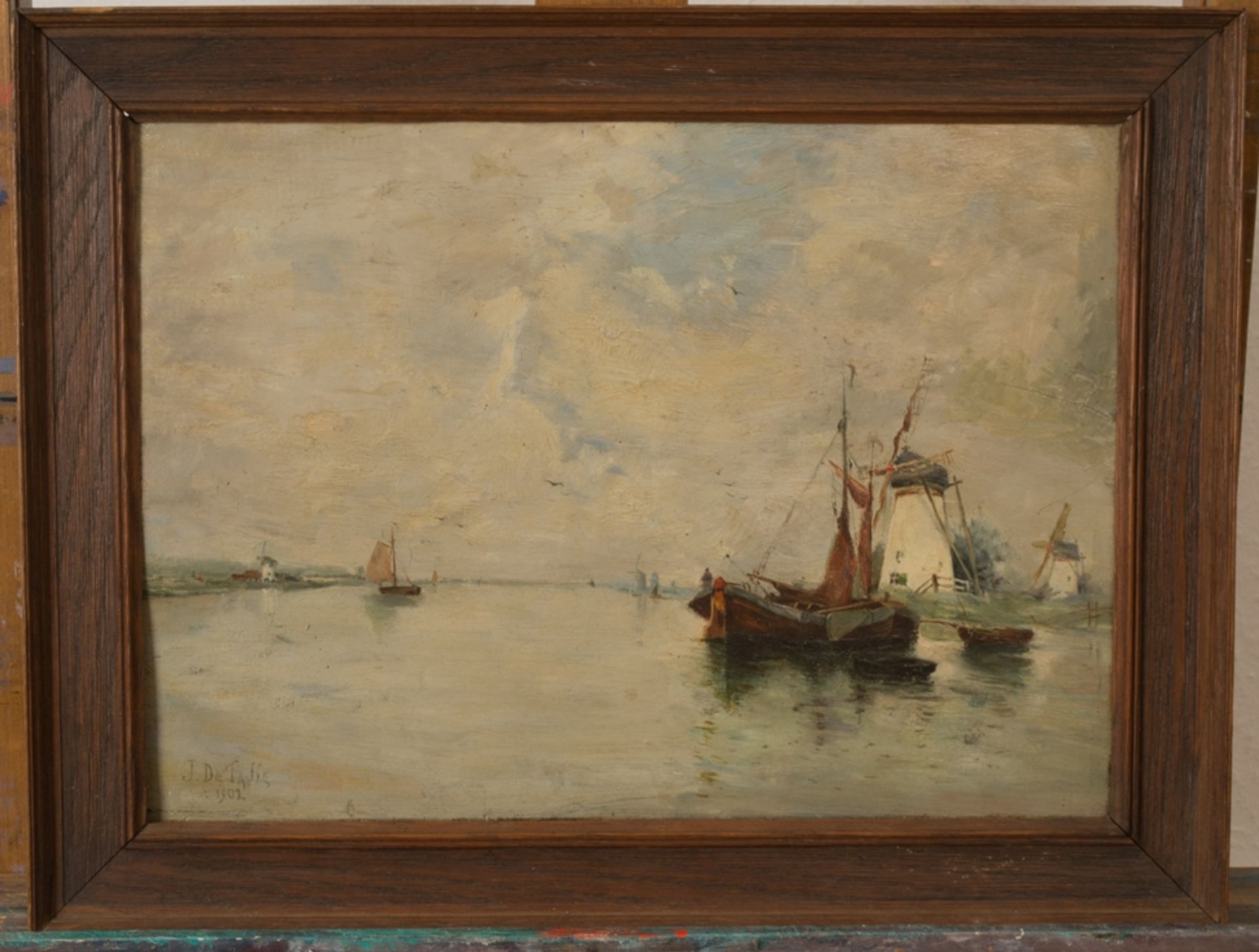 "Fischerboote am Fluß" - Gemälde, Öl auf Mahagoni-Holztafel, ca. 30 x 41 cm, unten links signiert "