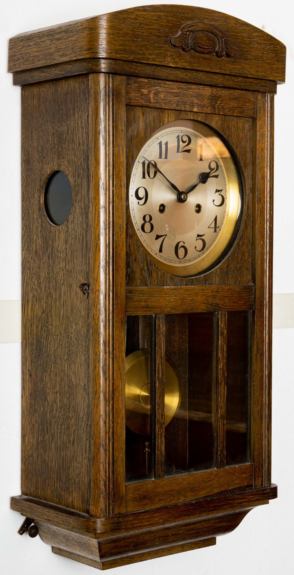 Antike Wanduhr, mittelbraunes Eichengehäuse, ungeprüftes Messinguhrwerk mit Schlag auf Tonstäbe, de - Bild 2 aus 14