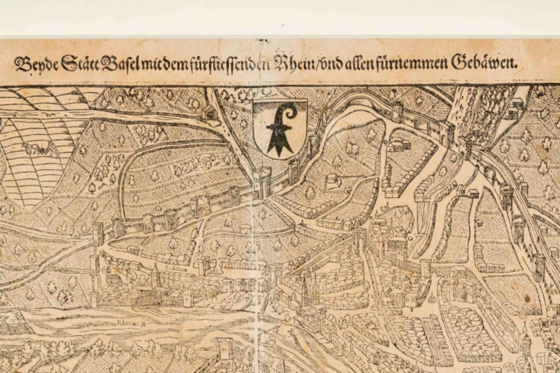 "Die Statt Basel" - hinter Glas gerahmter Holzschnitt des Sebastian Münster ( Nieder-Ingelheim 1488 - Bild 3 aus 16