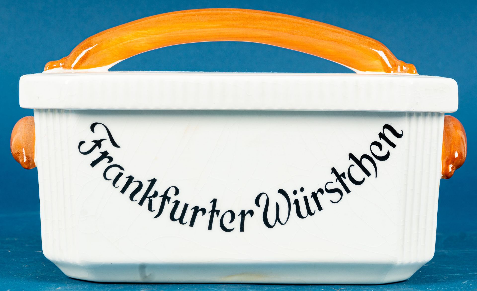 "Frankfurter Würstchen", rechteckige Steingut-Deckeldose der "Schrammberger Majolika - Fabrik", Mod - Bild 6 aus 9