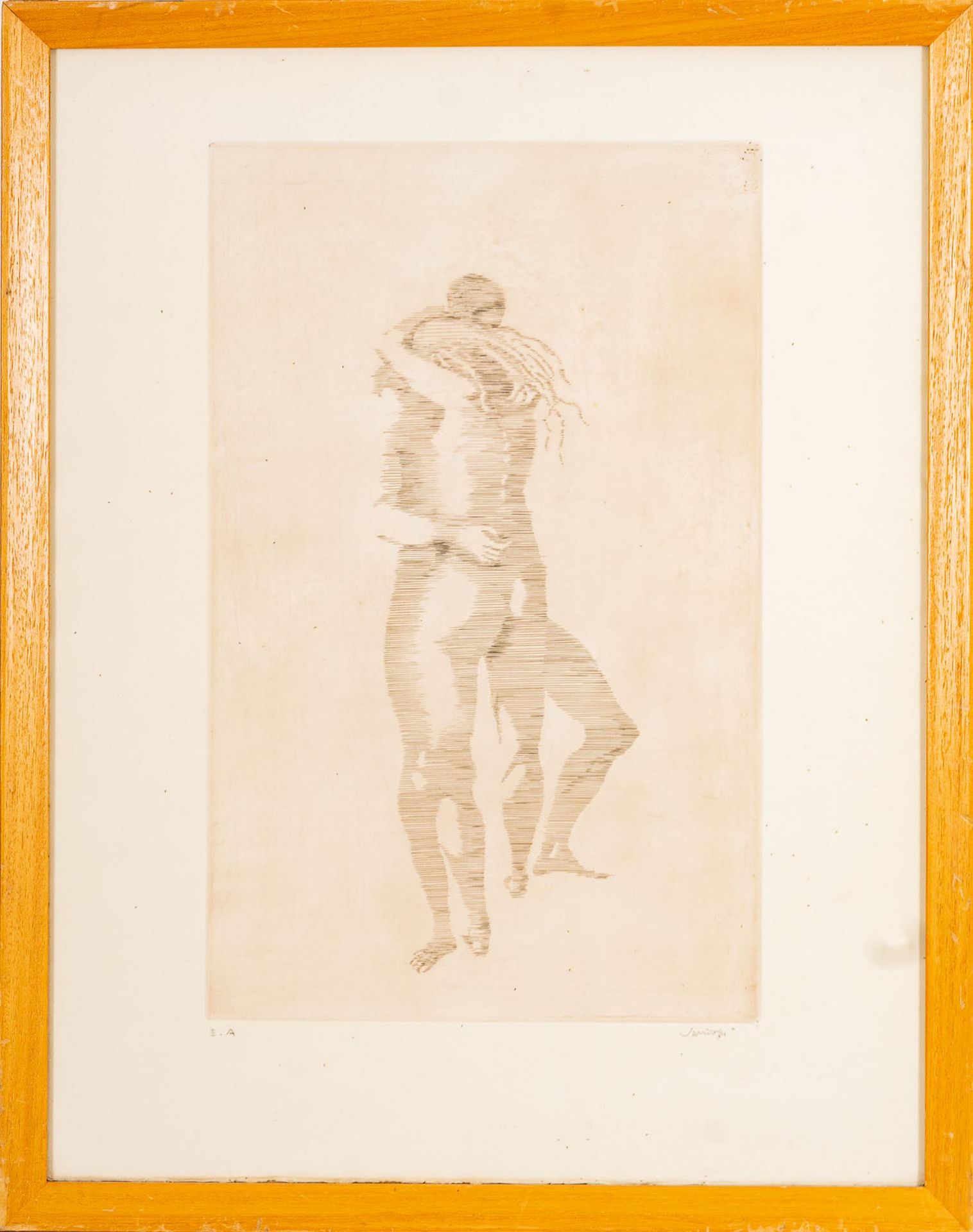 "Innige Umarmung", schemenhafte Darstellung zweier schraffierter nackter menschlicher Körper in inn