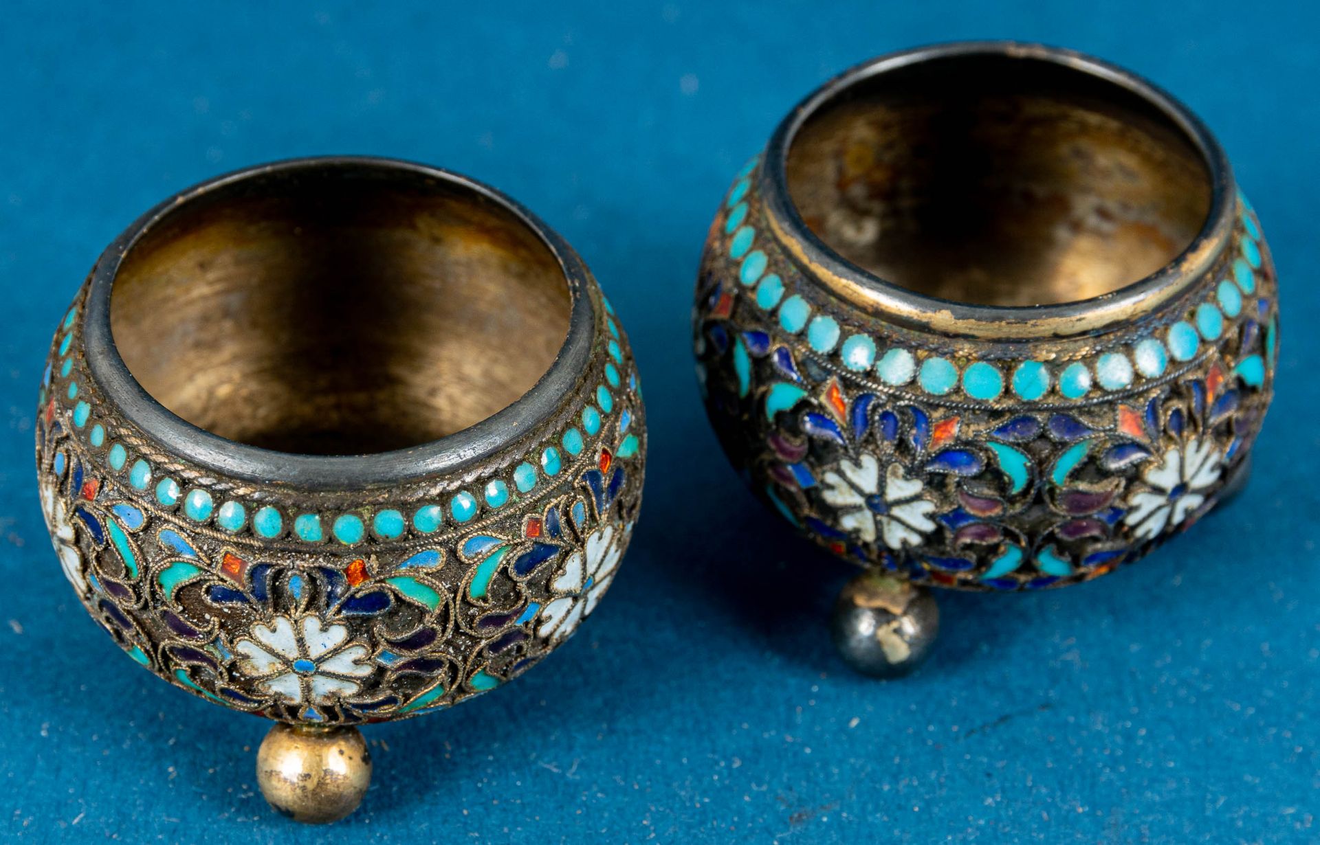 Paar antiker russischer Salieren/Salzgefäße, 84 Zolotnik - Silber vergoldet mit polychrom emaillier - Image 2 of 8