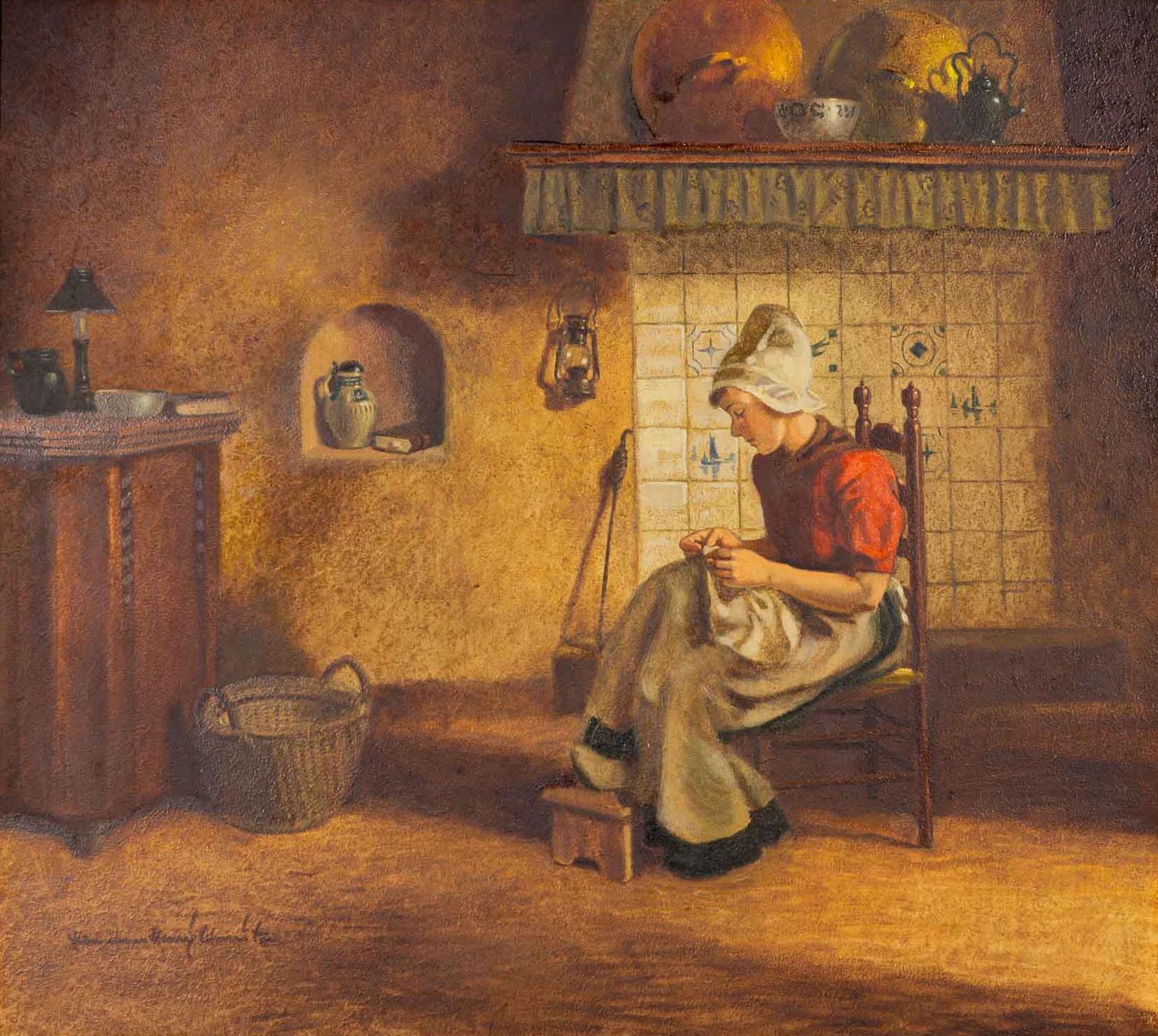 "Magd beim Nähen in friesischer Stube", Gemälde aus der Mitte des 20. Jhdts., Öl auf Hartfaser, ca. - Image 2 of 11
