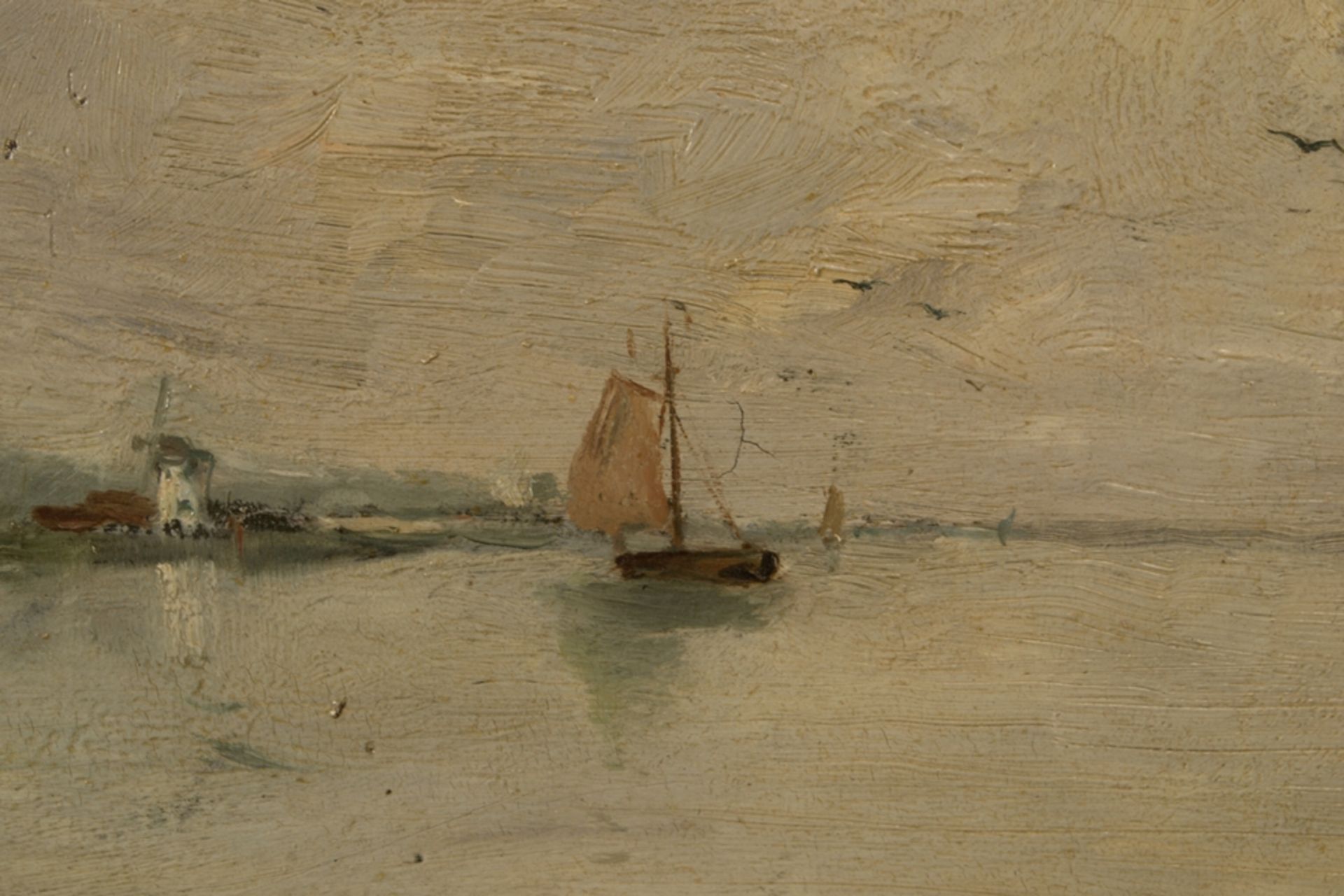 "Fischerboote am Fluß" - Gemälde, Öl auf Mahagoni-Holztafel, ca. 30 x 41 cm, unten links signiert " - Image 4 of 8