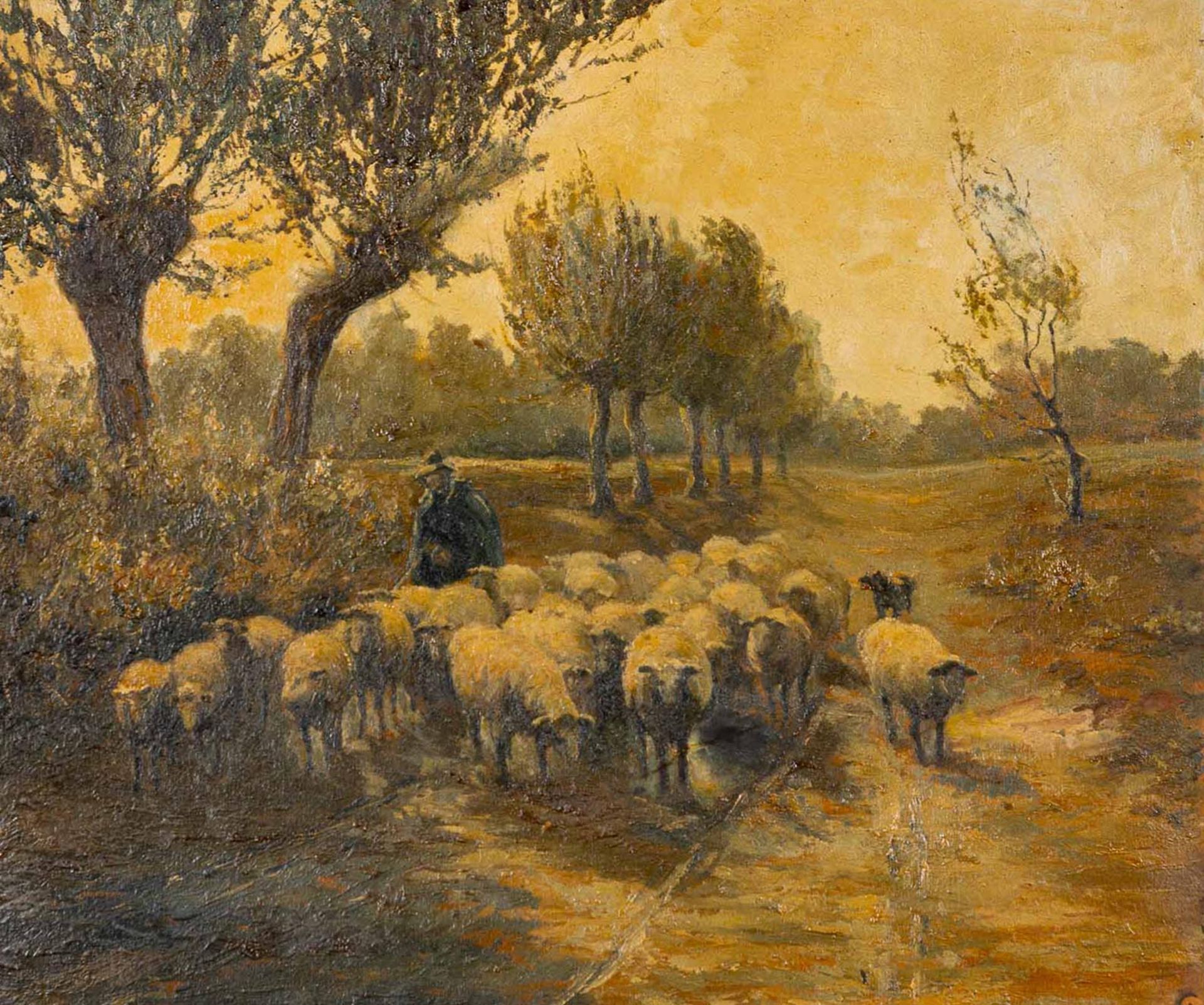 Schäfer-Szene", Gemälde, Öl auf Holztafel, ca. 52 x 60 cm, unsigniertes Gemälde aus der 1. Hälfte d - Bild 2 aus 9