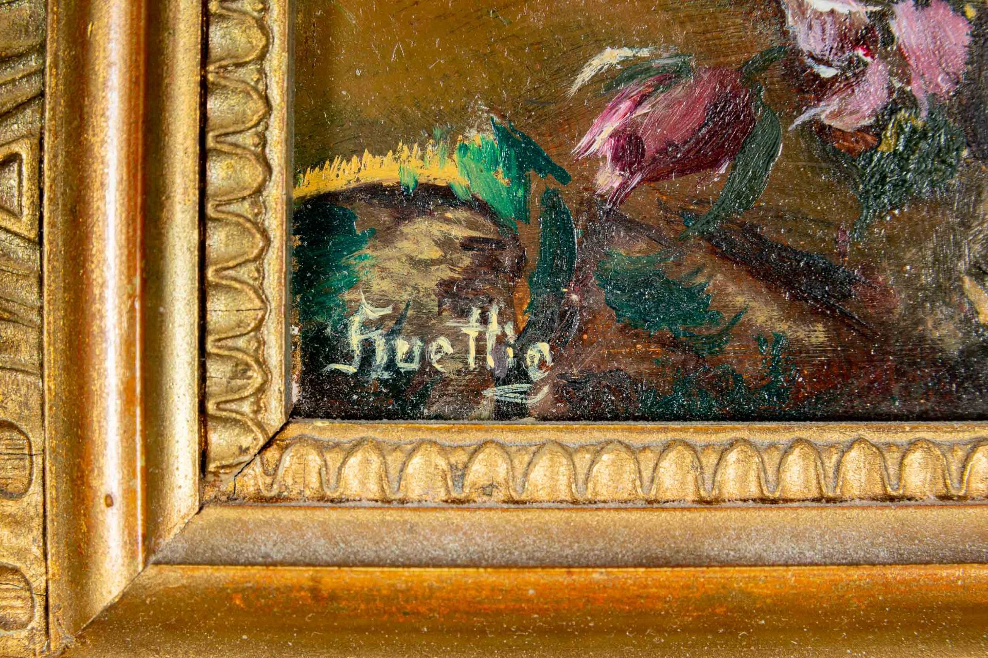 Paar dekorativer, kleinformatiger Blumenstilleben, identisch gerahmt, Gemälde, Öl auf Hartfaserplat - Image 7 of 8