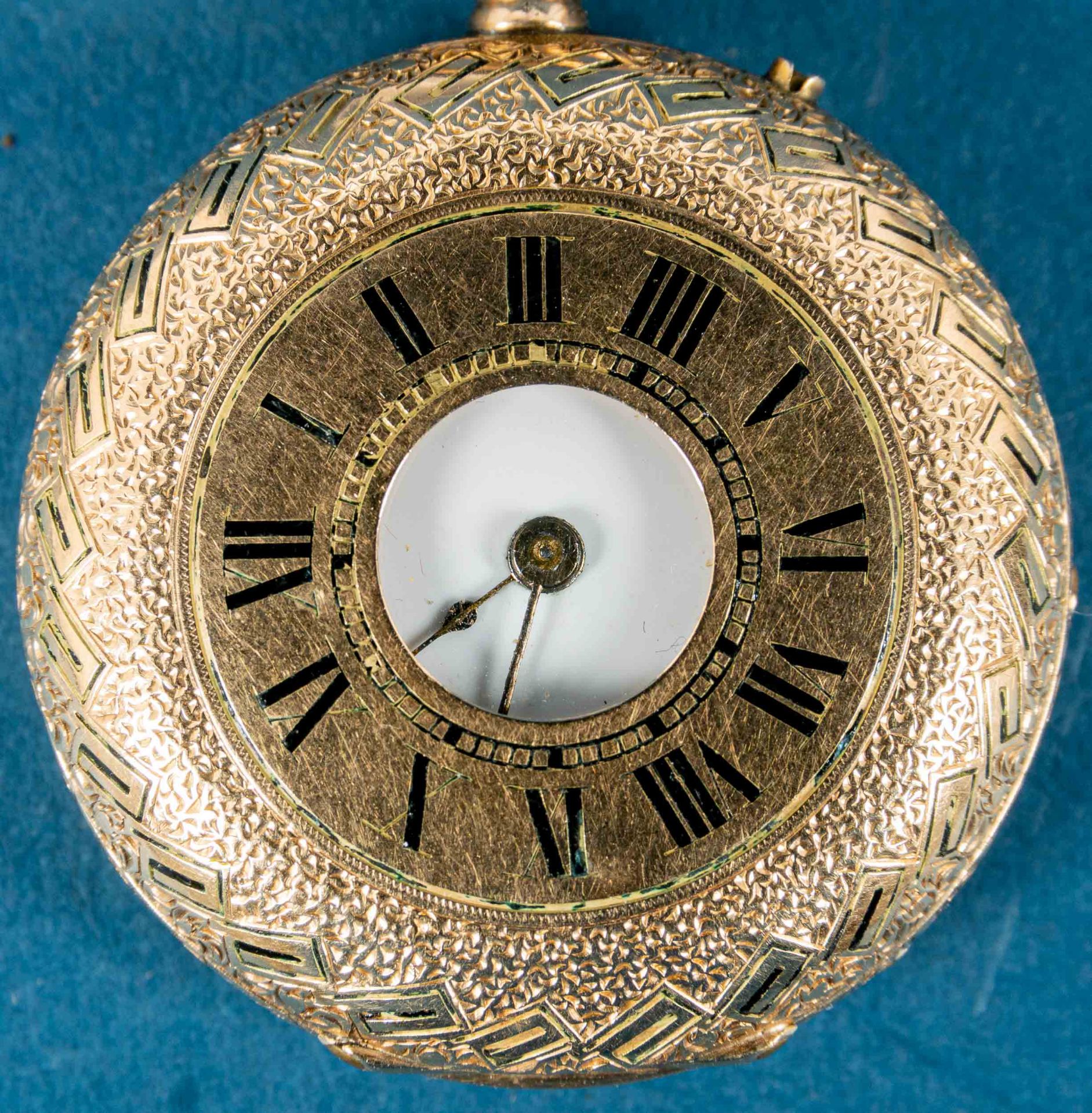 Antike Damentaschenuhr, offenes 14K Gelbgold Savonettegehäuse mit aufwändigen Gravurdekoren. Ungepr - Bild 7 aus 9