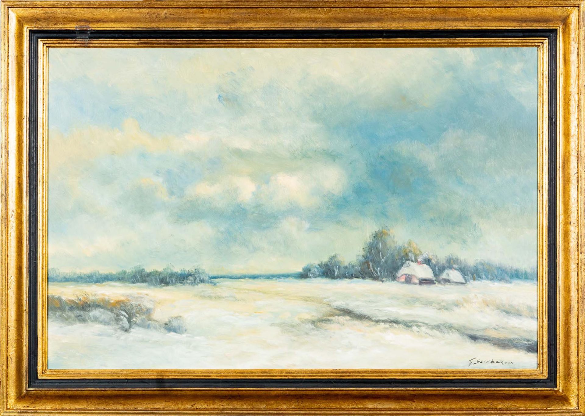 "Wintertag im Moor" - Gemälde, Öl auf Hartfaserplatte ca. 60 x 90 cm, signiert F. Szerbakow = Fedor