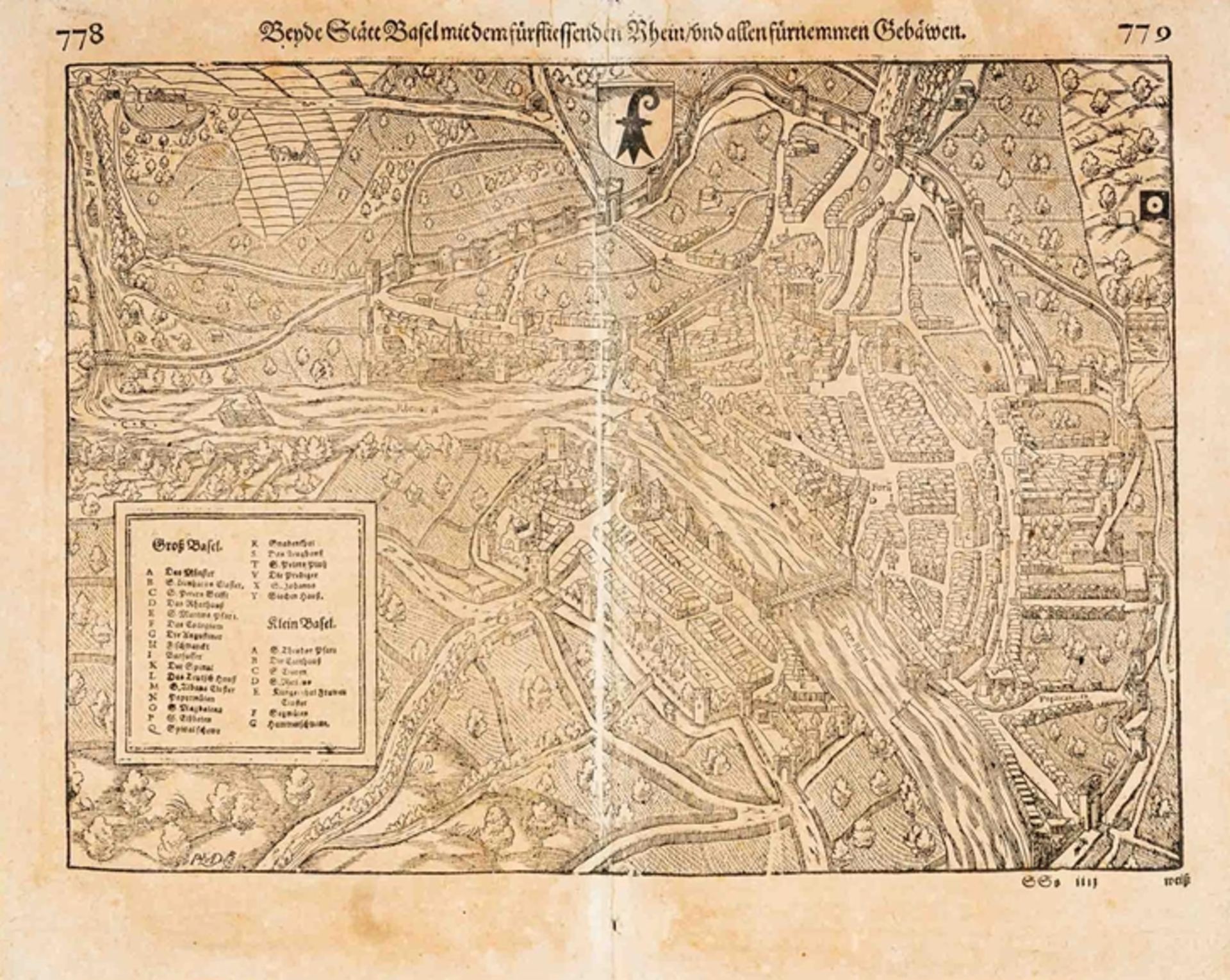 "Die Statt Basel" - hinter Glas gerahmter Holzschnitt des Sebastian Münster ( Nieder-Ingelheim 1488 - Bild 2 aus 16