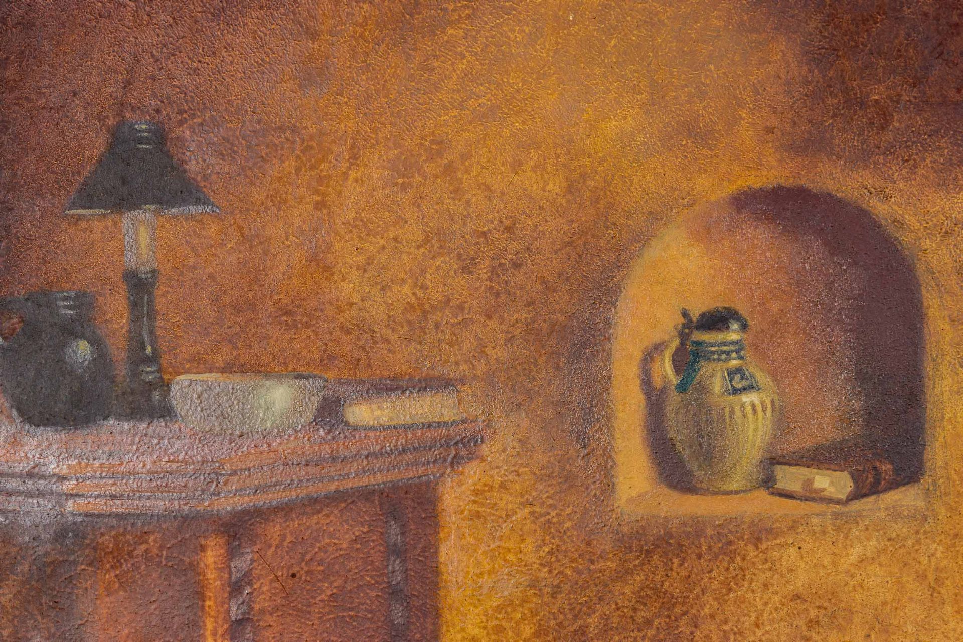 "Magd beim Nähen in friesischer Stube", Gemälde aus der Mitte des 20. Jhdts., Öl auf Hartfaser, ca. - Image 5 of 11