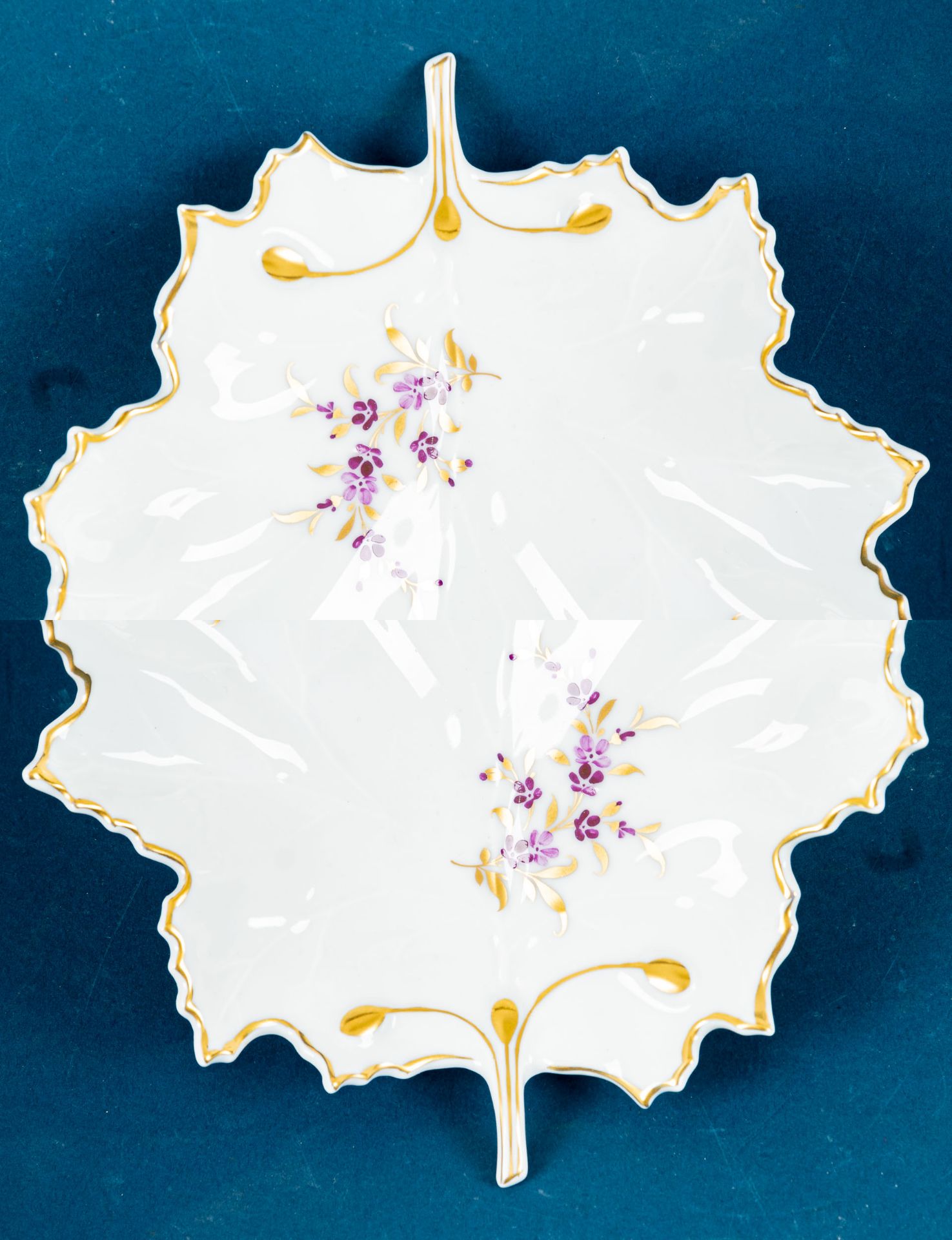 Blattschale, Höchst-Porzellan, Länge ca. 19 cm, Weißporzellan mit dezentem Floraldekor in Violett &