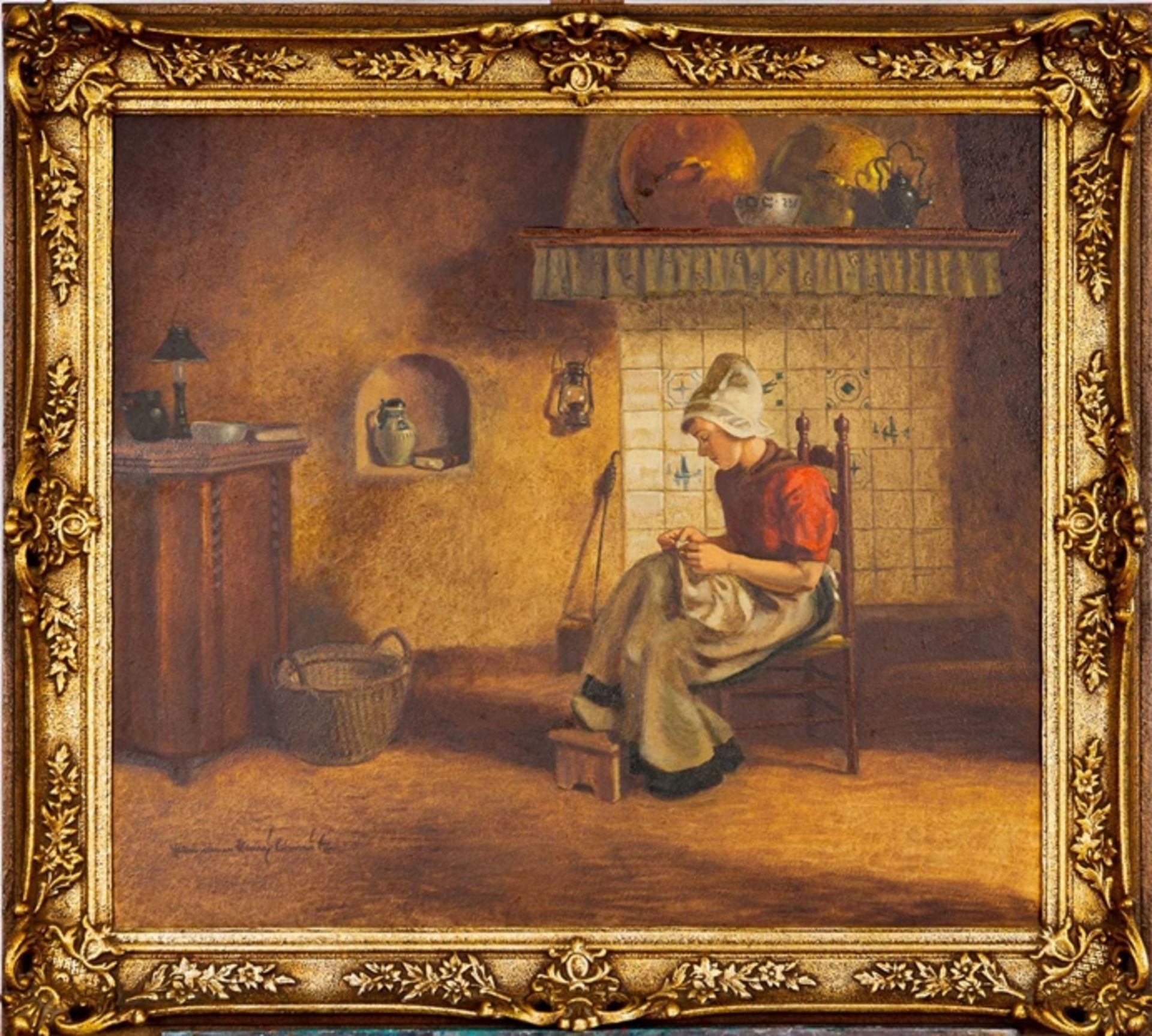 "Magd beim Nähen in friesischer Stube", Gemälde aus der Mitte des 20. Jhdts., Öl auf Hartfaser, ca.