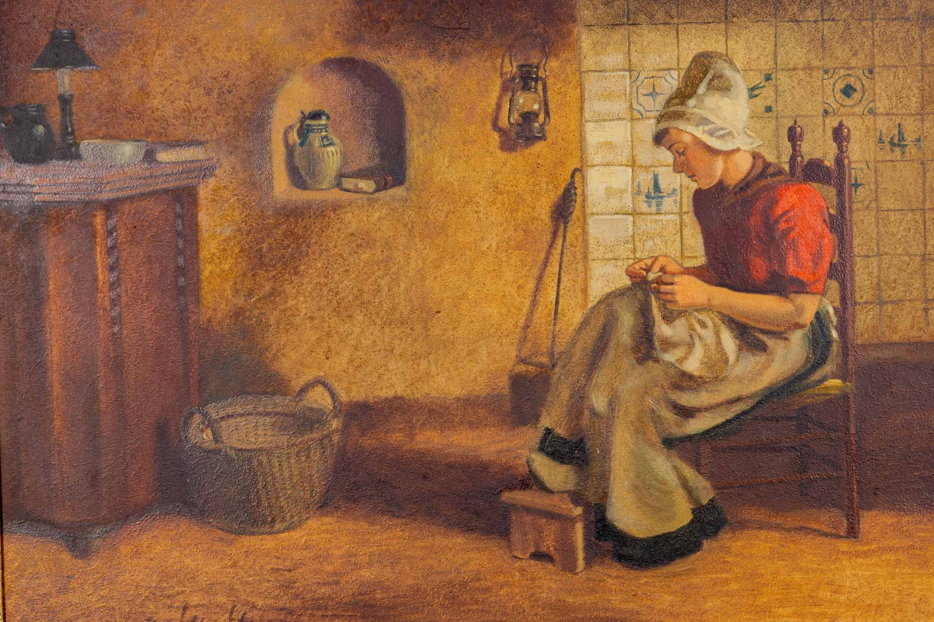 "Magd beim Nähen in friesischer Stube", Gemälde aus der Mitte des 20. Jhdts., Öl auf Hartfaser, ca. - Image 3 of 11