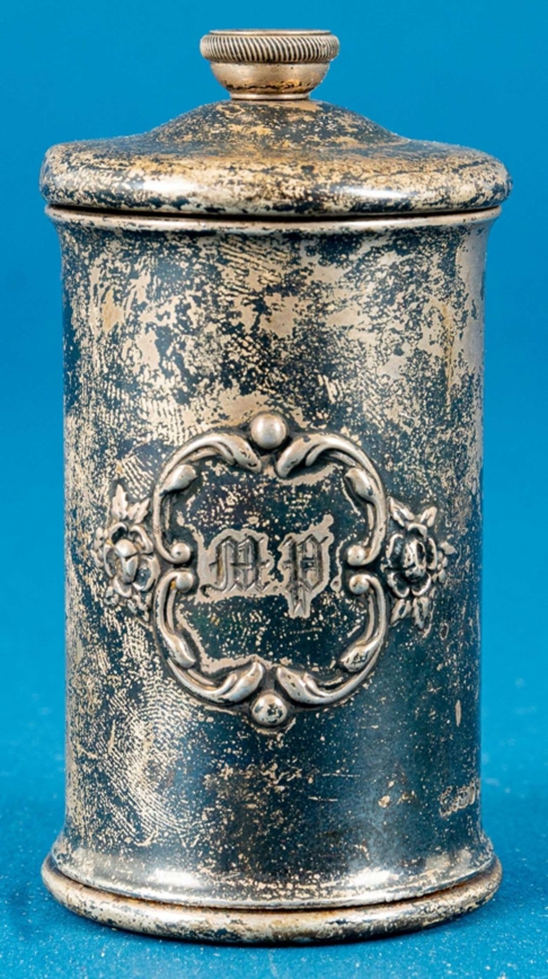 Antike Gewürzmühle, u. a. 925er Sterlingsilber, Höhe ca. 9 cm, Durchmesser ca. 4,8 cm, ungeprüft. C