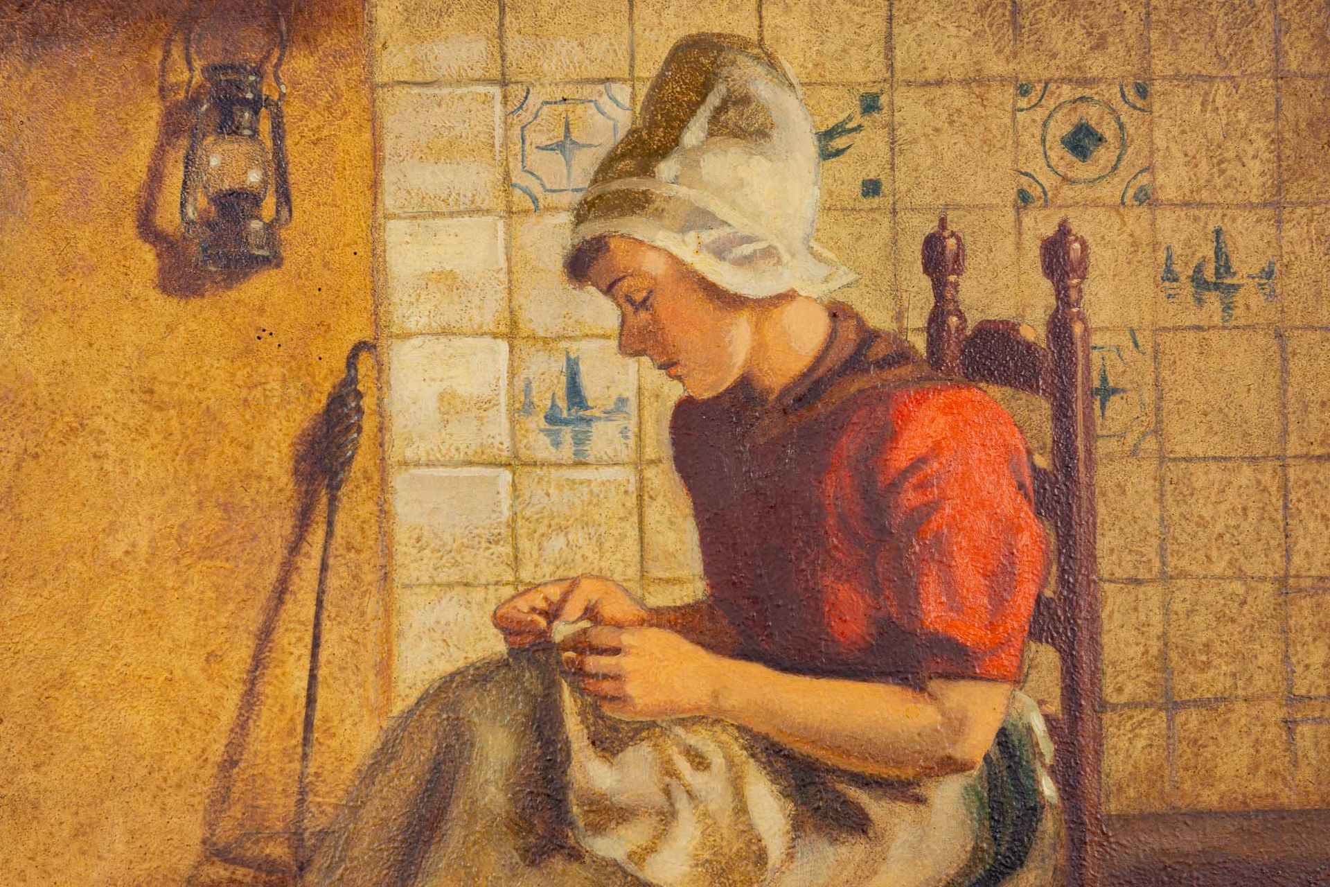 "Magd beim Nähen in friesischer Stube", Gemälde aus der Mitte des 20. Jhdts., Öl auf Hartfaser, ca. - Image 4 of 11
