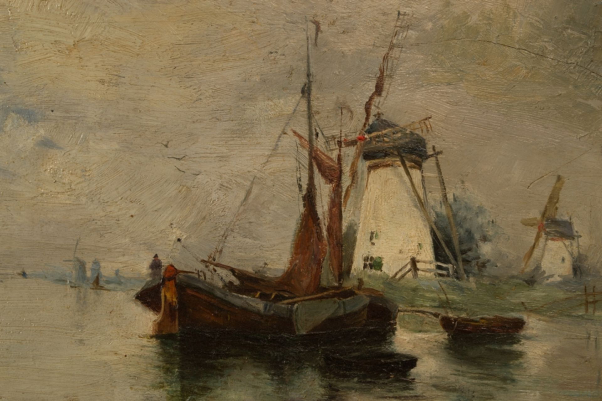 "Fischerboote am Fluß" - Gemälde, Öl auf Mahagoni-Holztafel, ca. 30 x 41 cm, unten links signiert " - Image 5 of 8