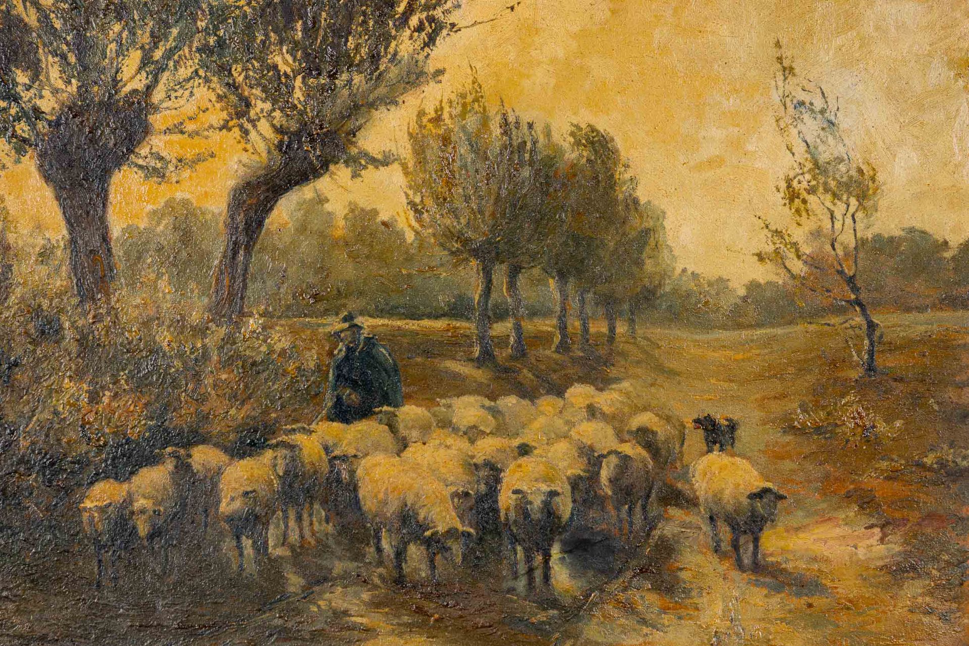 Schäfer-Szene", Gemälde, Öl auf Holztafel, ca. 52 x 60 cm, unsigniertes Gemälde aus der 1. Hälfte d - Bild 3 aus 9