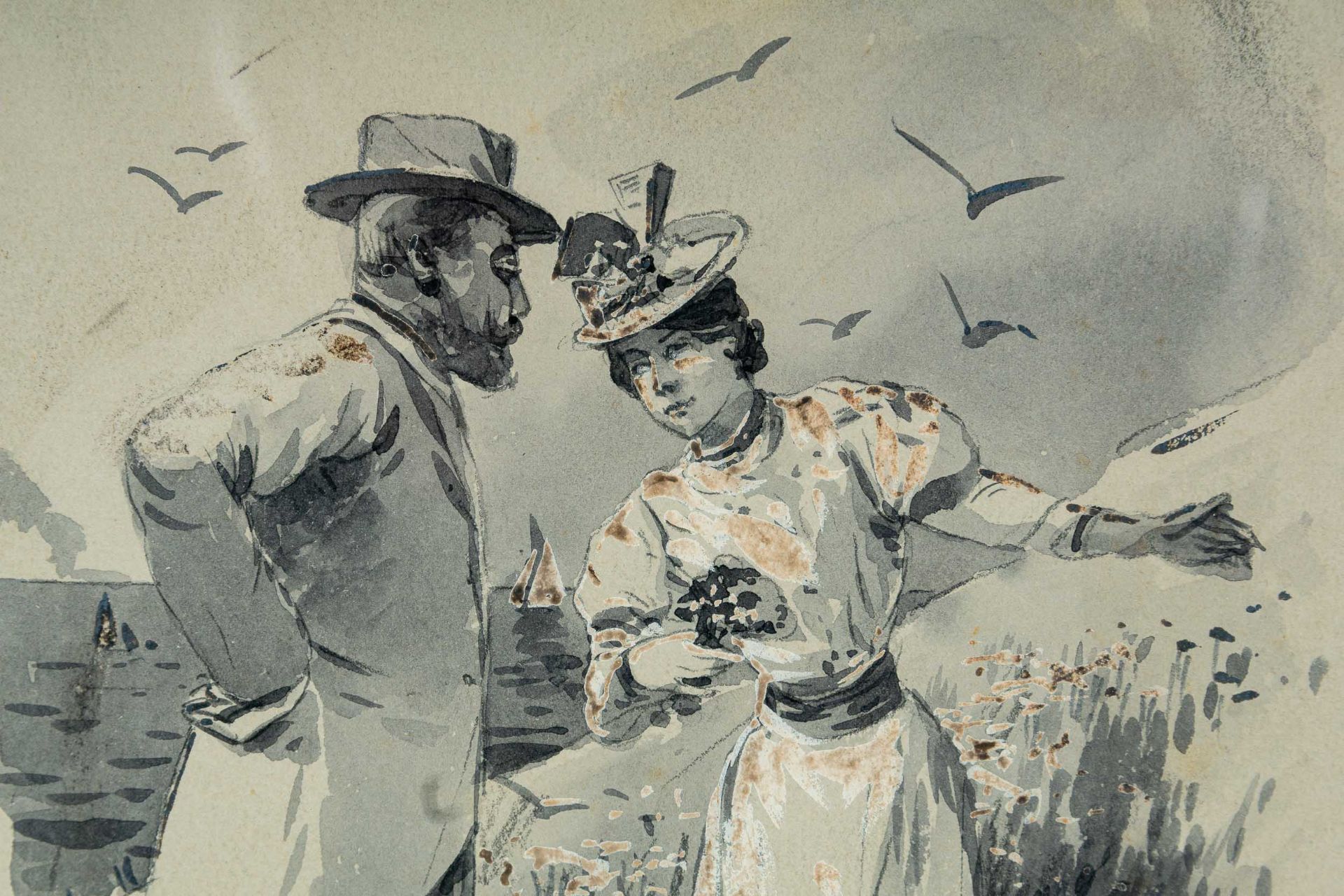 "In den Dünen", aquarellierte Bleistiftzeichnung des Willy Stöwer ( 1864 - 1931). Meisterhafte, det - Image 3 of 7