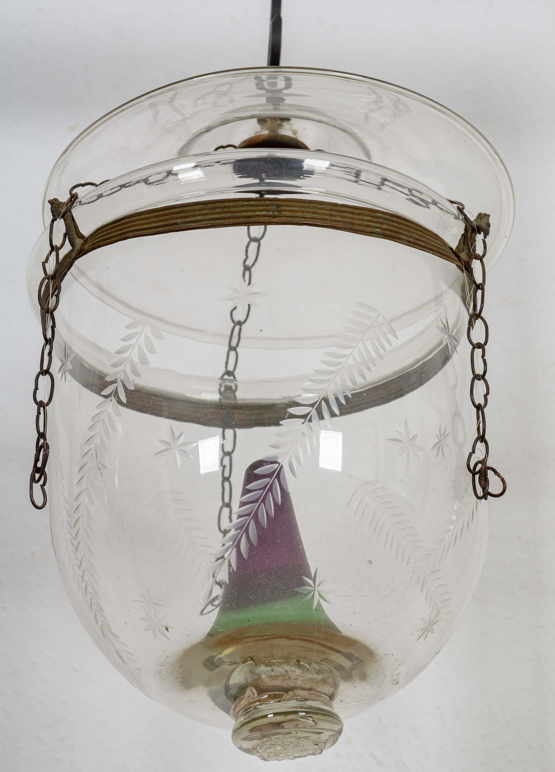 Antike Flurlampe für Kerzenfeuerung, zylindrischer, farbloser Glaskörper mit leicht überstehendem G - Image 3 of 6
