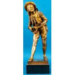"Lautenspieler" - "Au claire de la lune" - Große goldfarben patinierte Bronzefigur, Sockel signiert