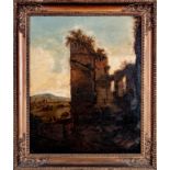 "Suedlaendische Landschaft" mit Reisenden vor Ruine. Gemälde, Öl auf Holztafel, 18. Jhdt., ca. 55,5
