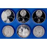6 russische Münzen/Silbermünzen, 1 x 1990, 2 x 1991, 1 x 1992 sowie 2 x 1896. Versch. Alter, Größen