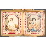 "Paul & Virginie", perlenbestickte Stick-Bilder aus der Mitte des 19. Jhdts; die beiden Figuren vor