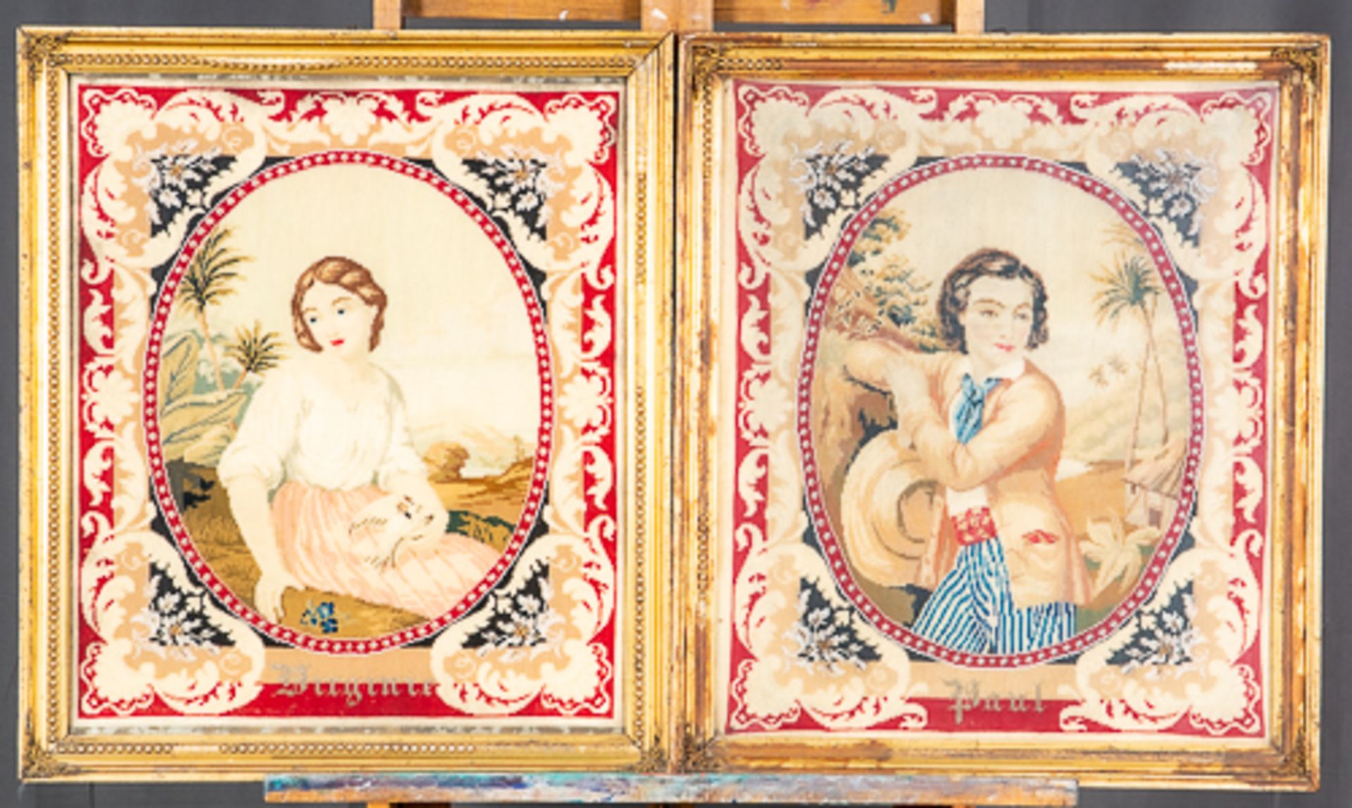 "Paul & Virginie", perlenbestickte Stick-Bilder aus der Mitte des 19. Jhdts; die beiden Figuren vor