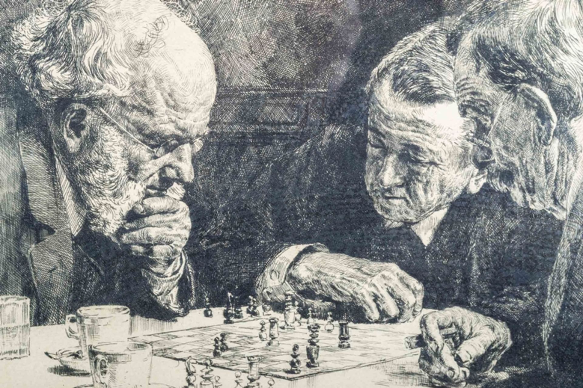 "Die Schachspieler", hinter Glas gerahmte Lithographie von 3 angestrengt nachdenkenden älteren Herr - Image 4 of 5