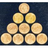 10teilige Sammlung GOLDMÜNZEN: 1 x 20 Schweizer Franken (1980), 2 x 20 CORONA - Österreich (1915) s