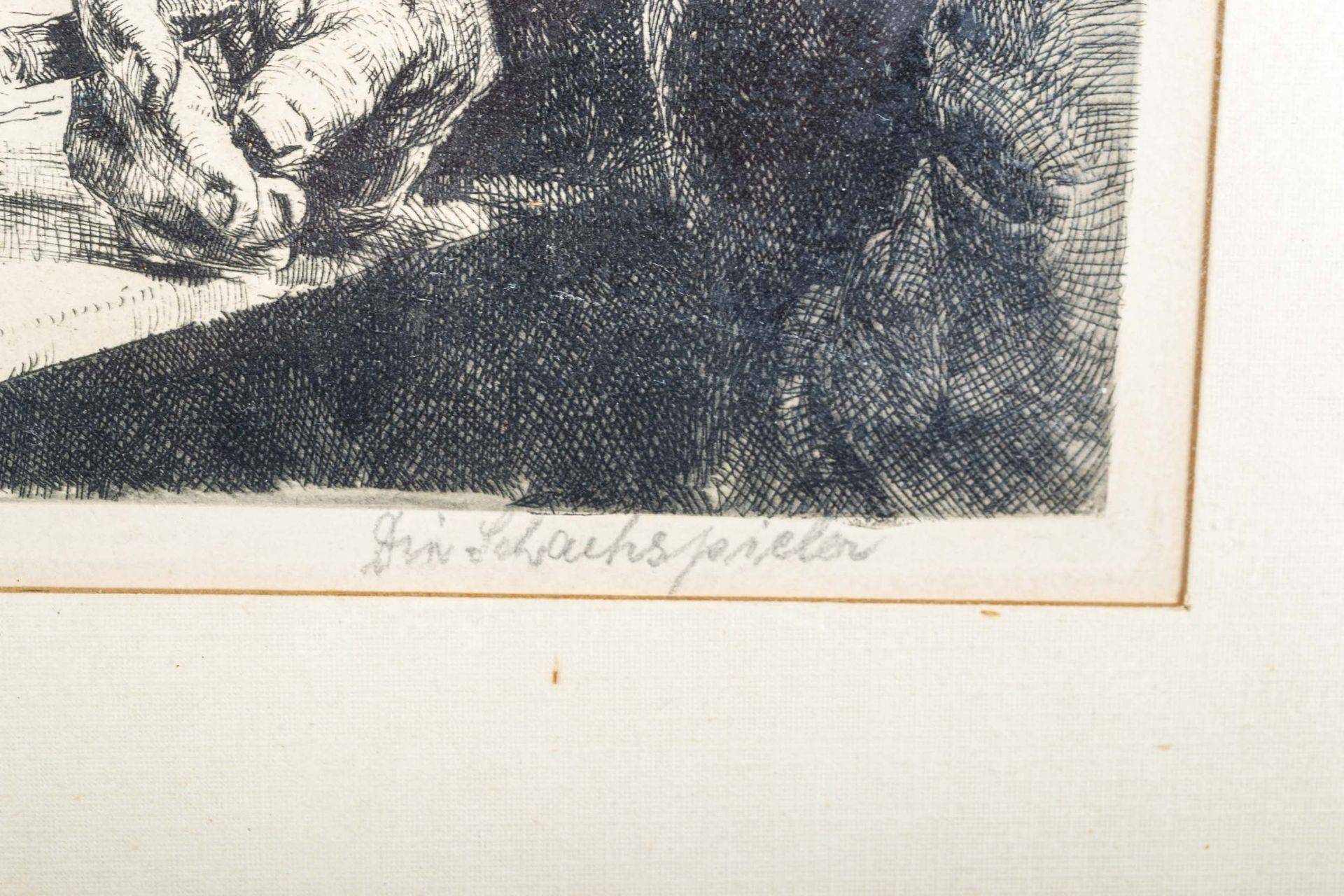 "Die Schachspieler", hinter Glas gerahmte Lithographie von 3 angestrengt nachdenkenden älteren Herr - Image 3 of 5