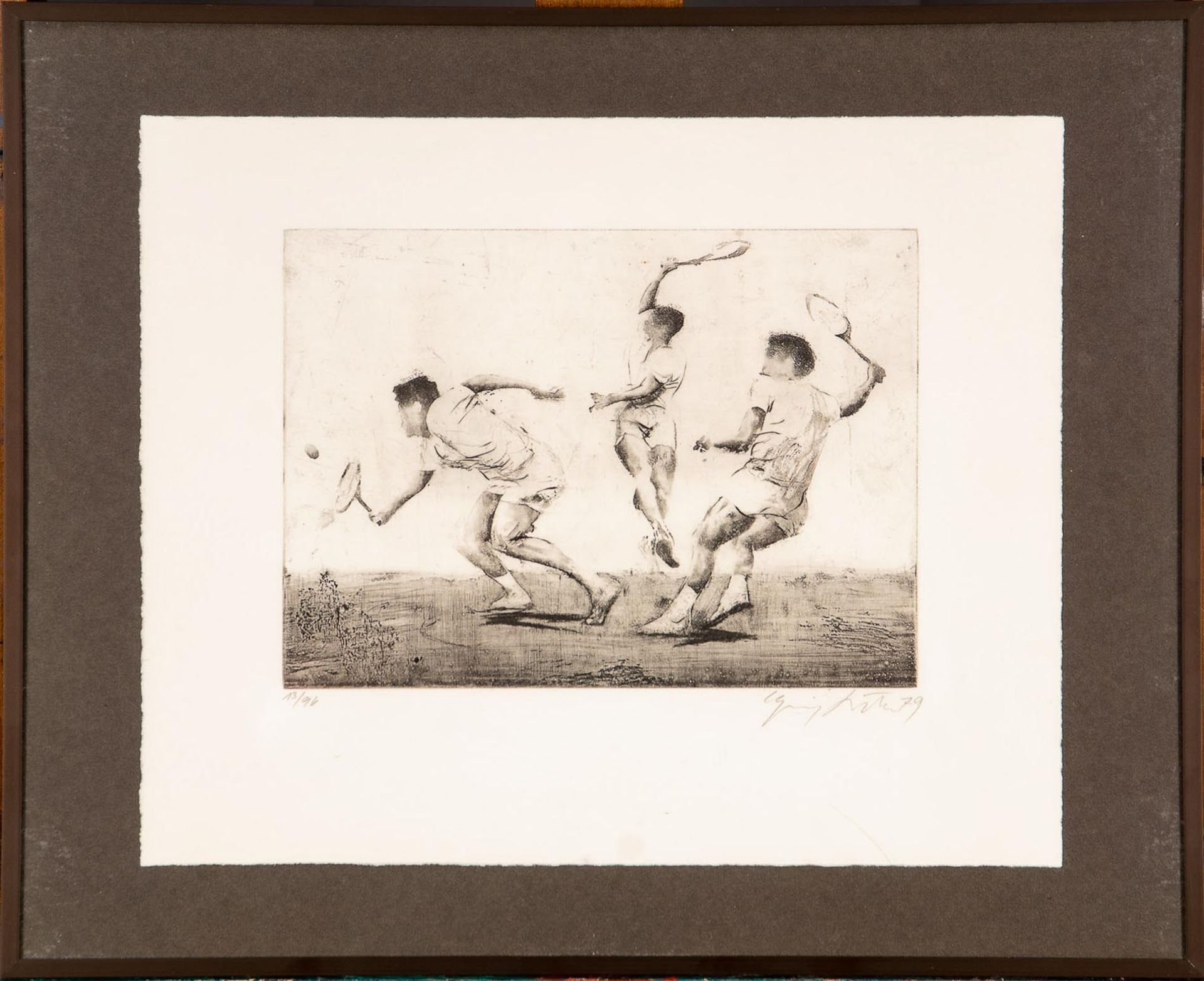 "Tennisspieler" - hinter Glas gerahmte Lithographie des hannoverschen Künstlers Heinz Knoke (1922 H