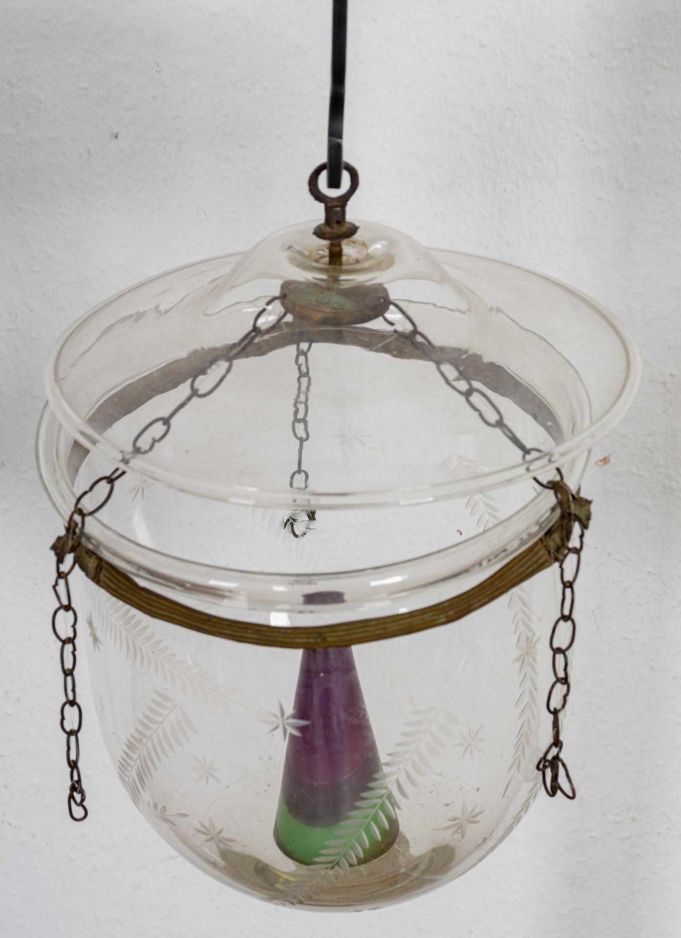 Antike Flurlampe für Kerzenfeuerung, zylindrischer, farbloser Glaskörper mit leicht überstehendem G - Bild 2 aus 6