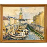 "Fischerboote im Fleet" vor städtischer Kulisse; Gemälde Öl auf Leinwand, ca. 59 x 72 cm, unten rec