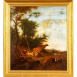 "Rastende Hirten" mit Vieh in baumbestandener, hügeliger Landschaft. Gemälde, Öl auf Nadelholztafel