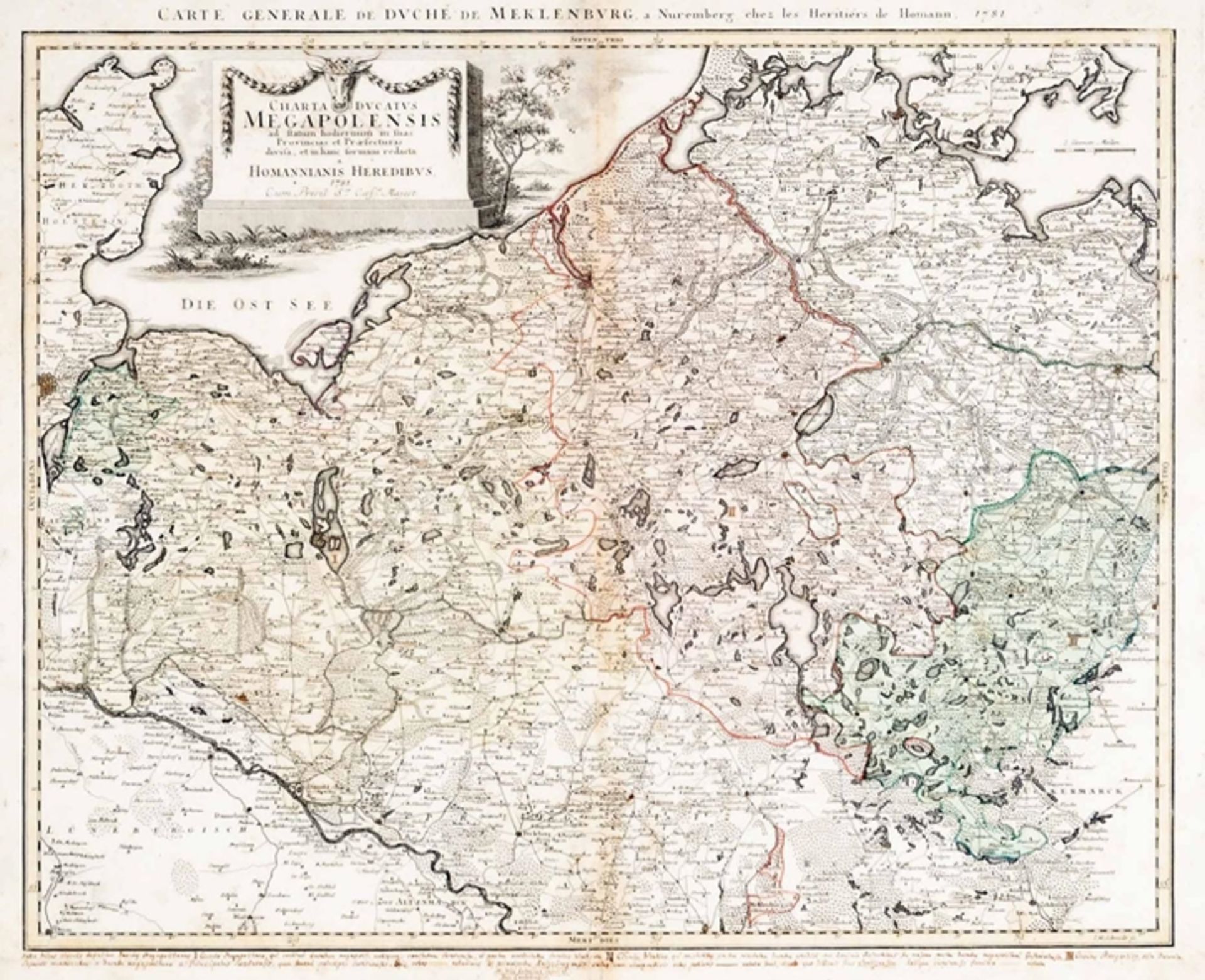 "Carte Generale de Duche de Meklenburg", handkolorierte Kupferstichkarte aus einem Atlas; sichtbare - Image 2 of 8