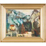 Abstrakte Landschaft, Gemälde Öl auf Hartfaserplatte, ca. 40 x 49 cm. Mitte 20. Jhdt; unsignierte a
