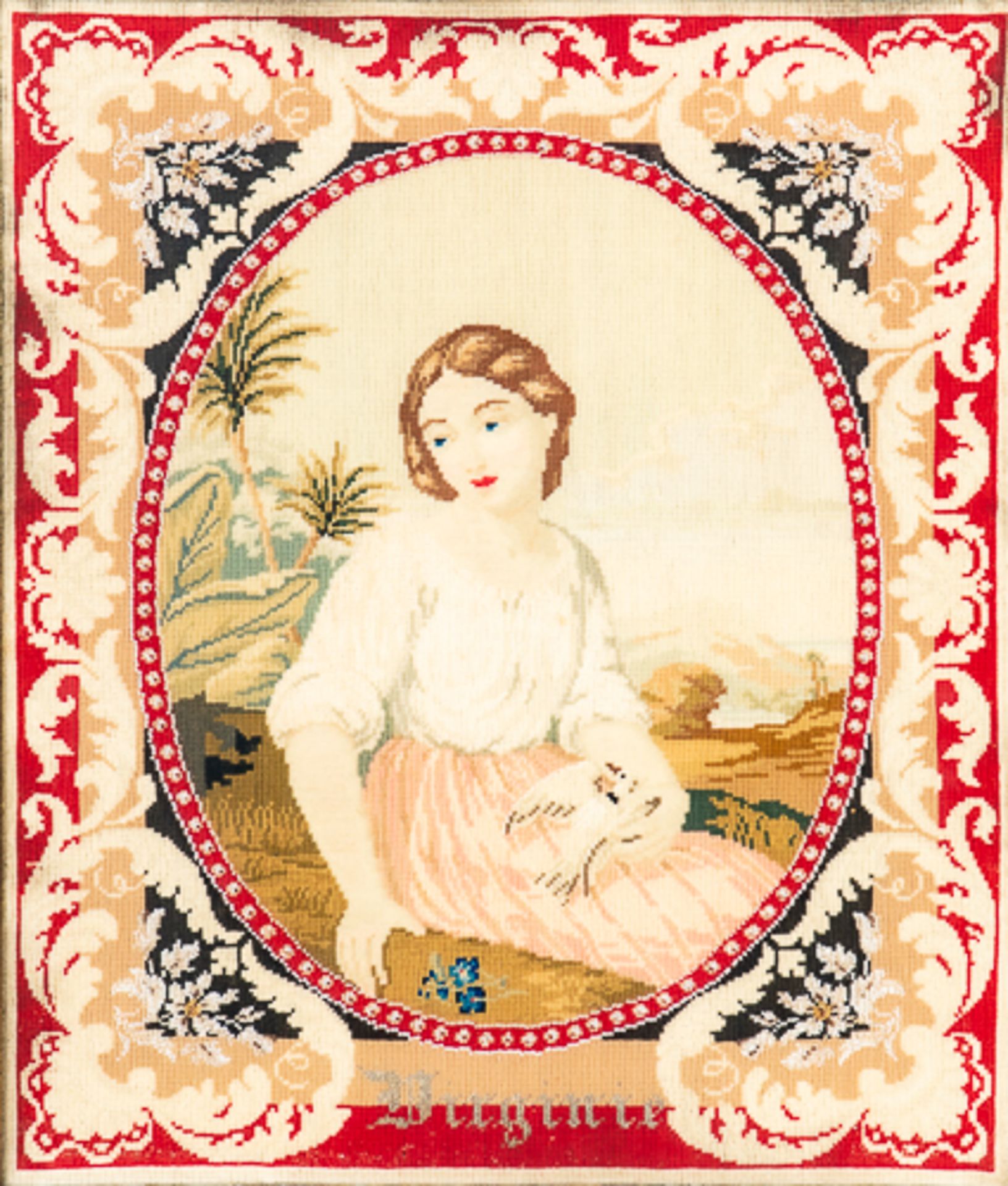 "Paul & Virginie", perlenbestickte Stick-Bilder aus der Mitte des 19. Jhdts; die beiden Figuren vor - Image 3 of 14